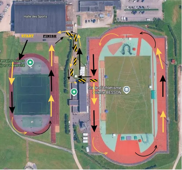 Plan de la boucle de course : départ de la halle des sports, tour de la piste du SUAPS, passage balisé, tour du stade Colette-Besson, retour à la halle.